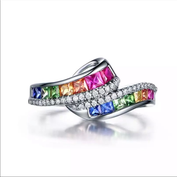 18k white gold Multicolor Rainbow AAA Zircon Ring - Picture 3 of 4